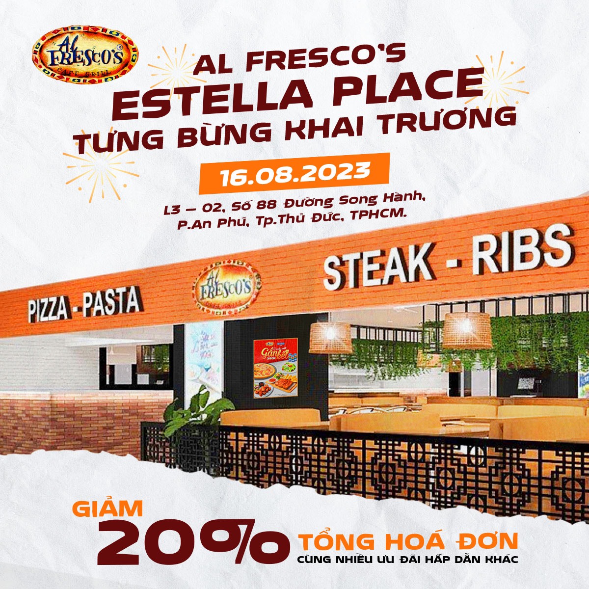 GRAND OPENING - 20% DISCOUNT AT Al FRESCO’S ESTELLA PLACE