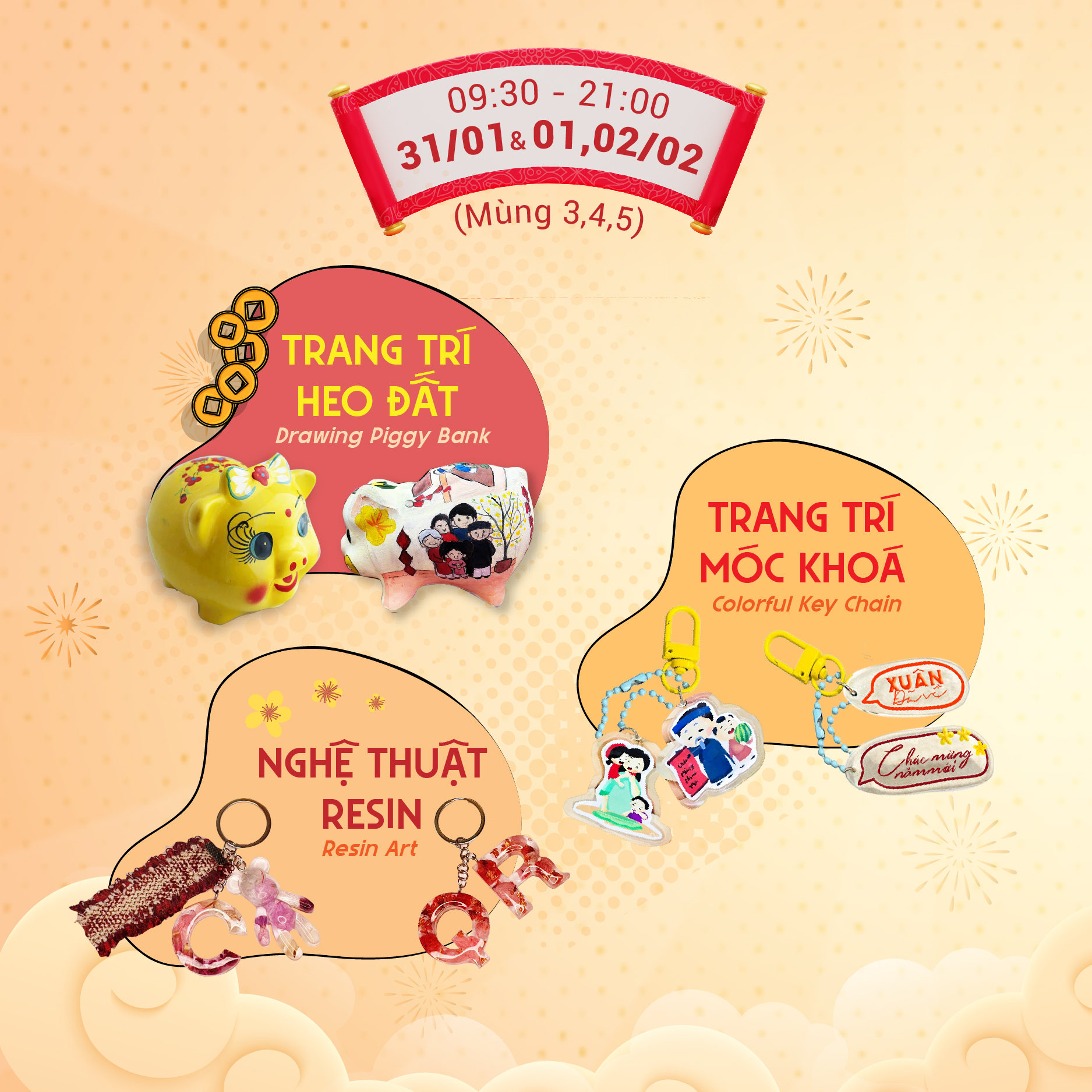 🎋HELLO TET WORKSHOPS🎋 – PART 3: DRAWING PIGGY BANK, COLORFUL KEY CHAIN, RESIN ART